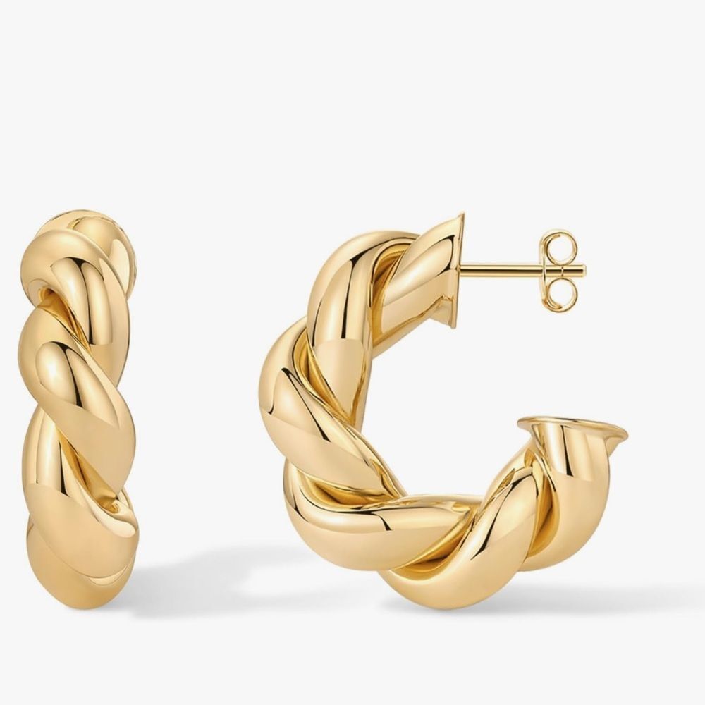 NEW 14K Gold Plated Chunky Twisted Puffed Rope Hoop Earrings